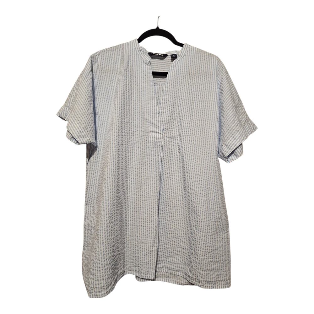 Lands End Seersucker Stripe Popover Top Women XL Blue White Beachy Cotton Resort